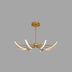"A gold chandelier with six curved arms, each tipped with a white light, against a gray background."