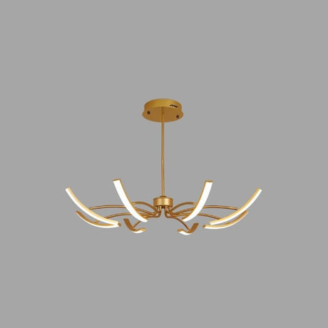 "A gold chandelier with six curved arms, each tipped with a white light, against a gray background."