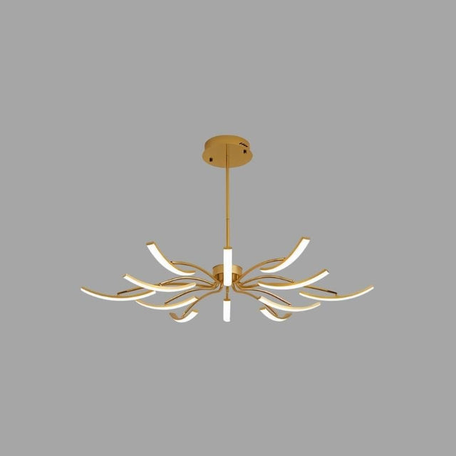 "A gold chandelier with twelve curved branches, each tipped with a white light, and a central white light, against a gray background."