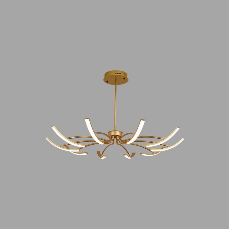 "A gold chandelier with twelve curved branches, each tipped with a white light, against a gray background."