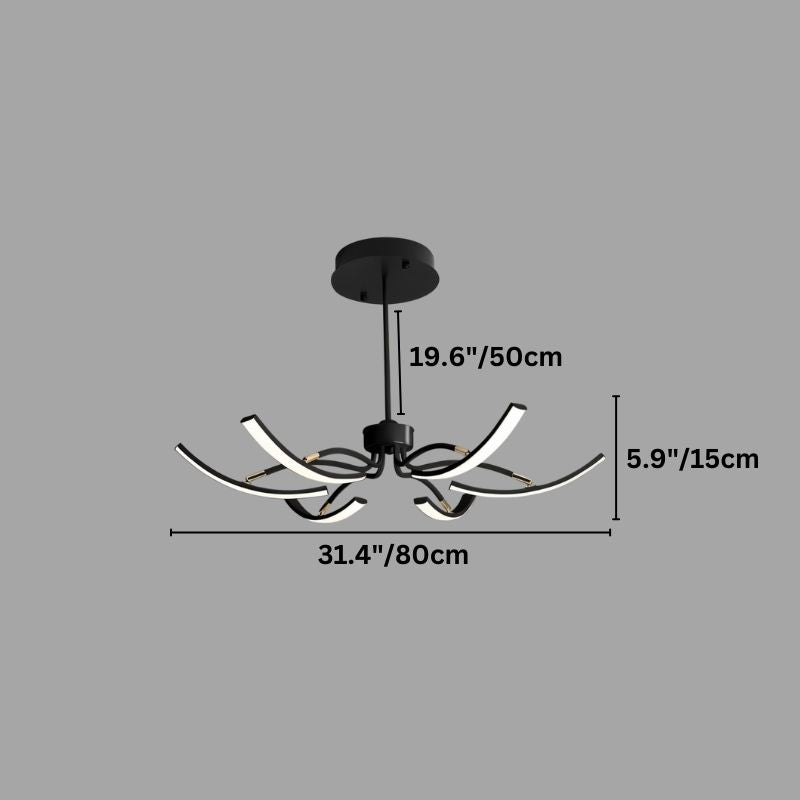 "A modern black chandelier with twelve curved branches, each tipped with a white light, shown against a gray background with dimension measurements."