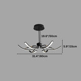 "A modern black chandelier with twelve curved branches, each tipped with a white light, shown against a gray background with dimension measurements."