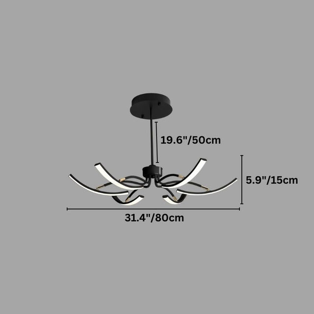 "A modern black chandelier with twelve curved branches, each tipped with a white light, shown against a gray background with dimension measurements."