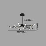 "A modern black chandelier with twelve curved branches, each tipped with a white light, shown against a gray background with dimension measurements."