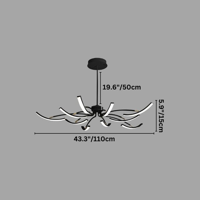 "A modern black chandelier with twelve curved branches, each tipped with a white light, shown against a gray background with dimension measurements."