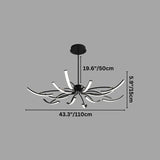 "A modern black chandelier with twelve curved branches, each tipped with a white light, shown against a gray background with dimension measurements."