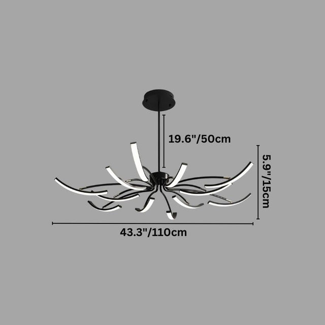 "A modern black chandelier with twelve curved branches, each tipped with a white light, shown against a gray background with dimension measurements."