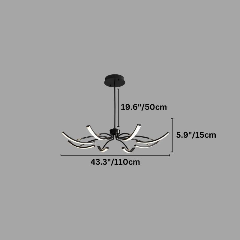 "A modern black chandelier with twelve curved branches, each tipped with a white light, shown against a gray background with dimension measurements."