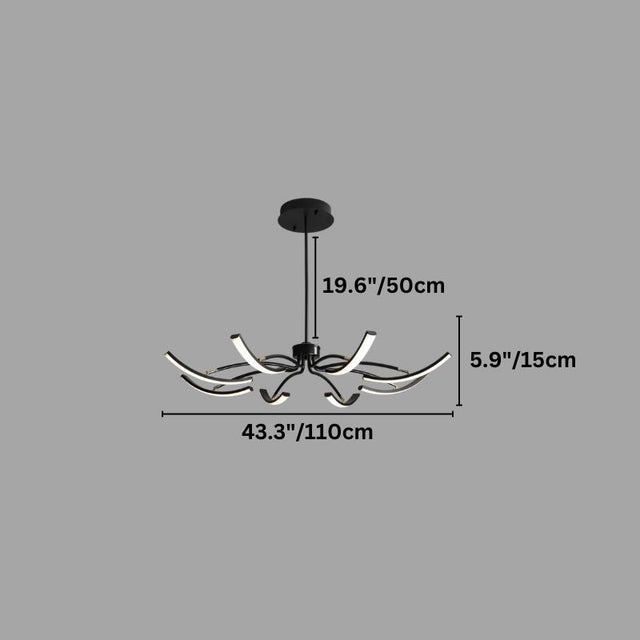 "A modern black chandelier with twelve curved branches, each tipped with a white light, shown against a gray background with dimension measurements."