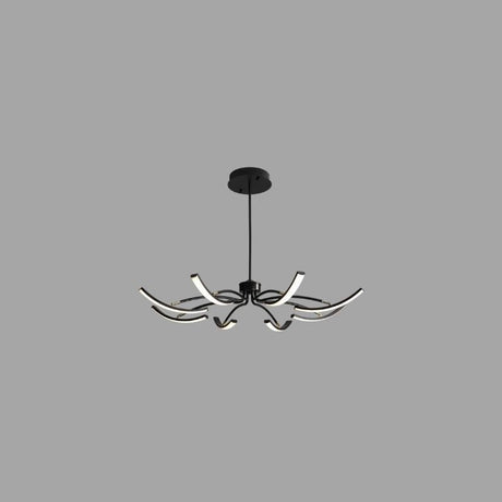 "A wide view of a black chandelier with six curved arms, each tipped with a white light, against a gray background."