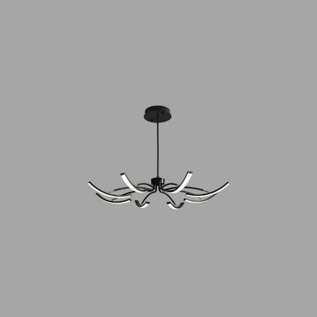 "A wide view of a black chandelier with six curved arms, each tipped with a white light, against a gray background."