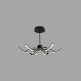 "A black chandelier with six curved arms, each tipped with a white light, against a gray background."