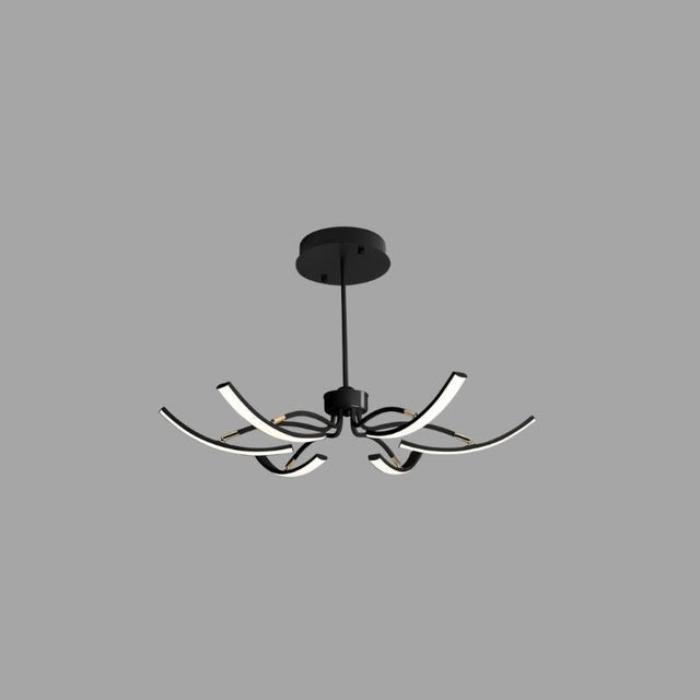 "A black chandelier with six curved arms, each tipped with a white light, against a gray background."