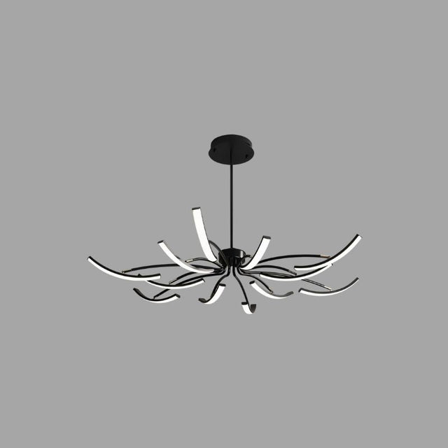 "A wide view of a modern black chandelier with twelve curved branches, each tipped with a white light, against a gray background."