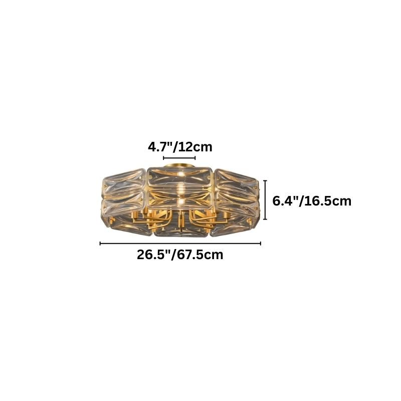 "A modern flush mount ceiling light with a geometric glass shade, showing dimensions of 26.5 inches in width, 6.4 inches in height, and 4.7 inches in shade height."