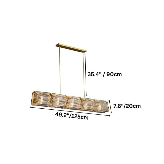 "Nyvora linear chandelier with dimensions: 35.4 inches/90cm height, 7.8 inches/20cm width, and 49.2 inches/125cm length."