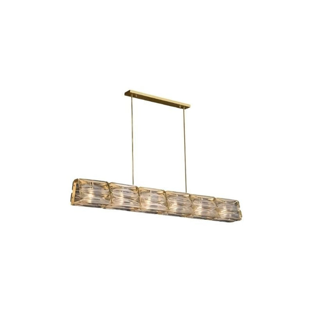 "A modern linear chandelier with a gold frame and geometric glass shades."