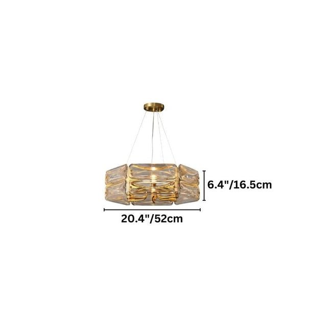 "A modern round chandelier with a geometric glass shade and gold frame, showing dimensions of 20.4 inches in width and 6.4 inches in height."