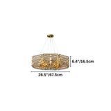 "A modern round chandelier with a geometric glass shade and gold frame, showing dimensions of 26.5 inches in width and 6.4 inches in height."