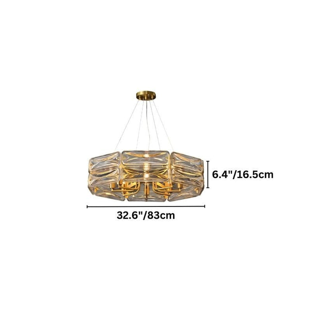 "A modern round chandelier with a geometric glass shade and gold frame, showing dimensions of 32.6 inches in width and 6.4 inches in height."