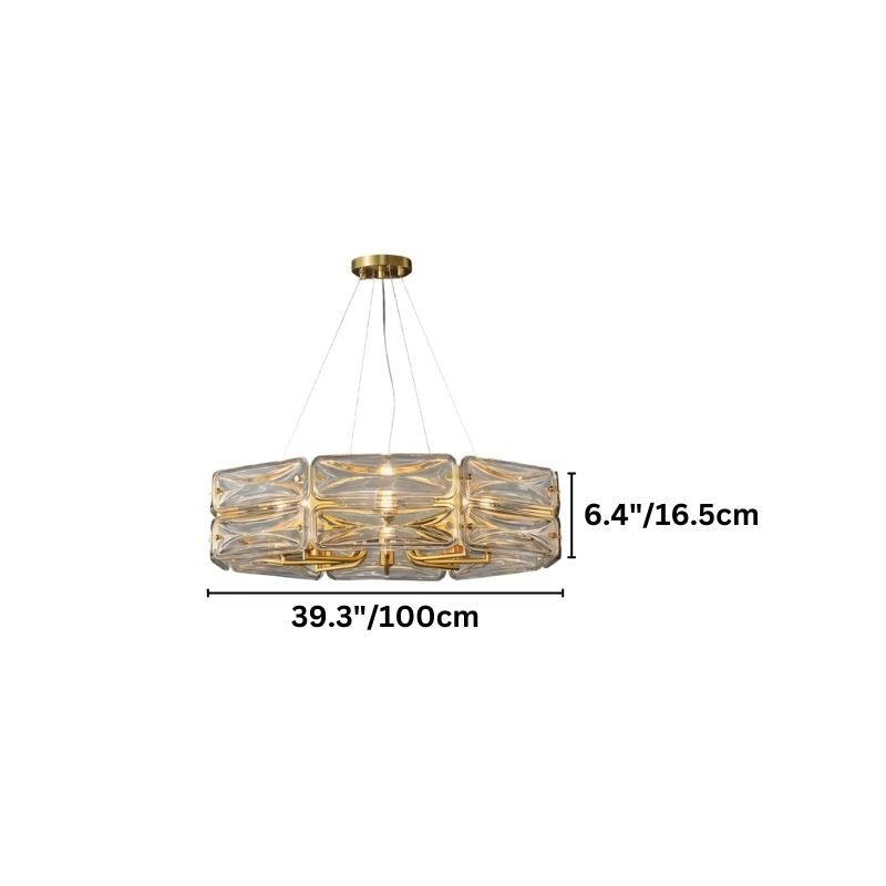 "A modern round chandelier with a geometric glass shade and gold frame, showing dimensions of 39.3 inches in width and 6.4 inches in height."