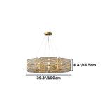 "A modern round chandelier with a geometric glass shade and gold frame, showing dimensions of 39.3 inches in width and 6.4 inches in height."