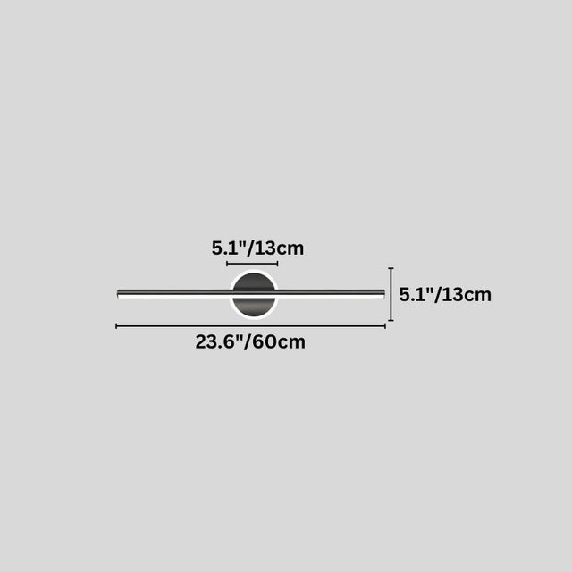 "Dimensions of a modern black wall lamp with a cylindrical bar intersecting a circular base: 23.6 inches in length, 5.1 inches in height and width."