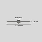 "Dimensions of a modern black wall lamp with a cylindrical bar intersecting a circular base: 31.4 inches in length, 5.1 inches in height and width."