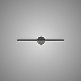 "A modern black wall lamp with a cylindrical bar intersecting a circular base, showcasing its minimalist design, isolated on a light gray background."