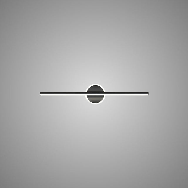 "A modern black wall lamp with a cylindrical bar intersecting a circular base, showcasing its minimalist design, isolated on a light gray background."