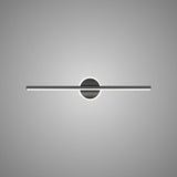 "A modern black wall lamp with a cylindrical bar intersecting a circular base, showcasing its minimalist design, isolated on a light gray background."