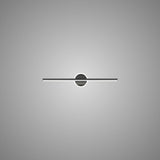 "A modern black wall lamp with a cylindrical bar intersecting a circular base, showcasing its minimalist design, isolated on a light gray background."