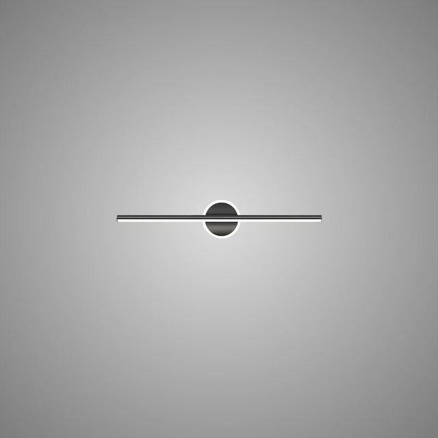 "A modern black wall lamp with a cylindrical bar intersecting a circular base, showcasing its minimalist design, isolated on a light gray background."