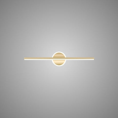 "A modern gold wall lamp with a cylindrical bar intersecting a circular base, showcasing its minimalist design, isolated on a light gray background."