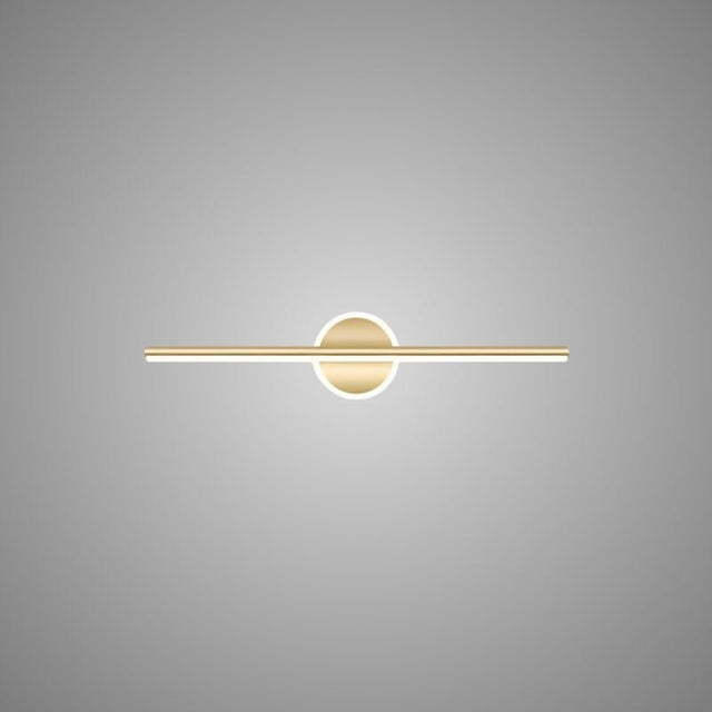 "A modern gold wall lamp with a cylindrical bar intersecting a circular base, showcasing its minimalist design, isolated on a light gray background."
