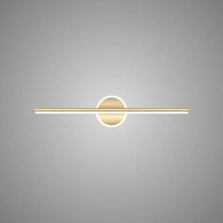 "A modern gold wall lamp with a cylindrical bar intersecting a circular base, showcasing its minimalist design, isolated on a light gray background."