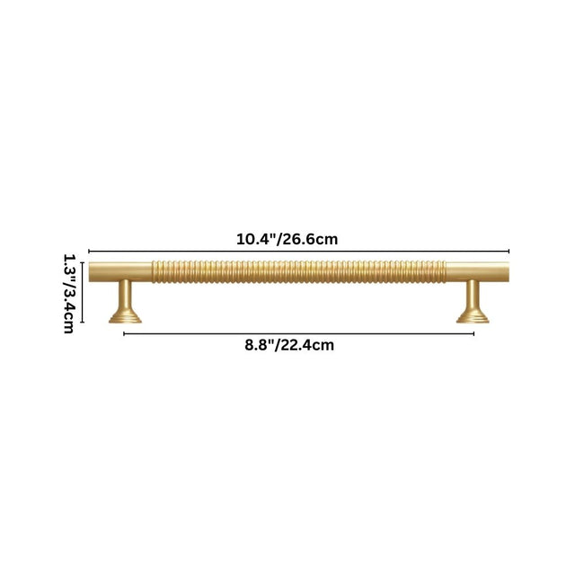 "Dimensions diagram of a solid brass pull bar with a grooved design, showing measurements for installation."