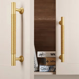 "Solid brass pull bar handles with a grooved design on a built-in bookshelf with decorative books."