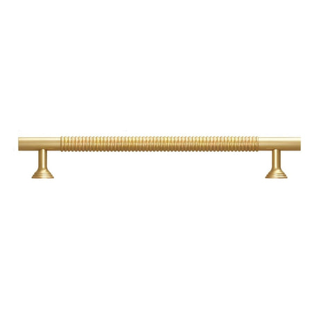 "Long, solid brass pull bar with a sleek, grooved design, suitable for cabinets, wardrobes, or vanities."