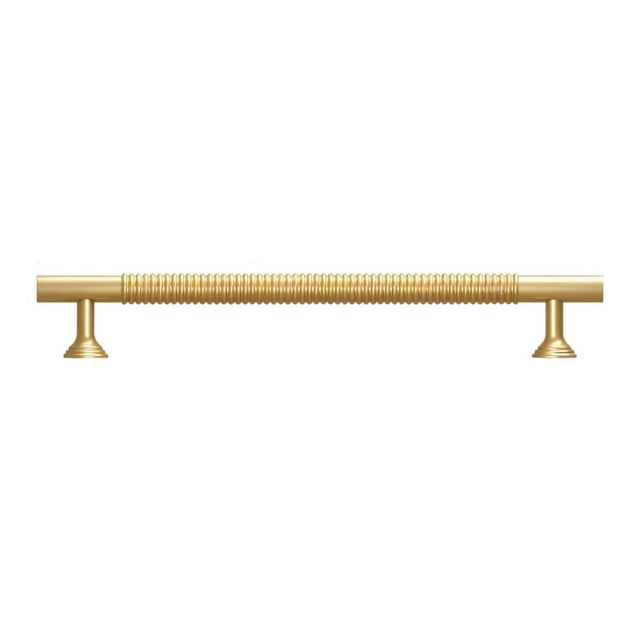 "Long, solid brass pull bar with a sleek, grooved design, suitable for cabinets, wardrobes, or vanities."