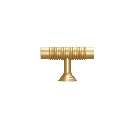 "Solid brass T-bar knob with a sleek, grooved design, suitable for cabinets, wardrobes, or vanities."