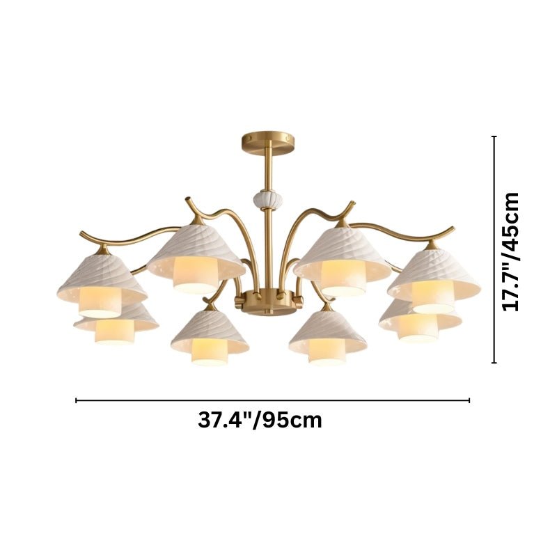 "Dimensions, 37.4 inches wide and 17.7 inches tall, of an extra-large modern brass chandelier with eight ceramic shades."