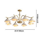 "Dimensions, 37.4 inches wide and 17.7 inches tall, of an extra-large modern brass chandelier with eight ceramic shades."