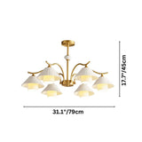 "Dimensions, 31.1 inches wide and 17.7 inches tall, of a large modern brass chandelier with six ceramic shades."