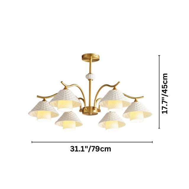 "Dimensions, 31.1 inches wide and 17.7 inches tall, of a large modern brass chandelier with six ceramic shades."