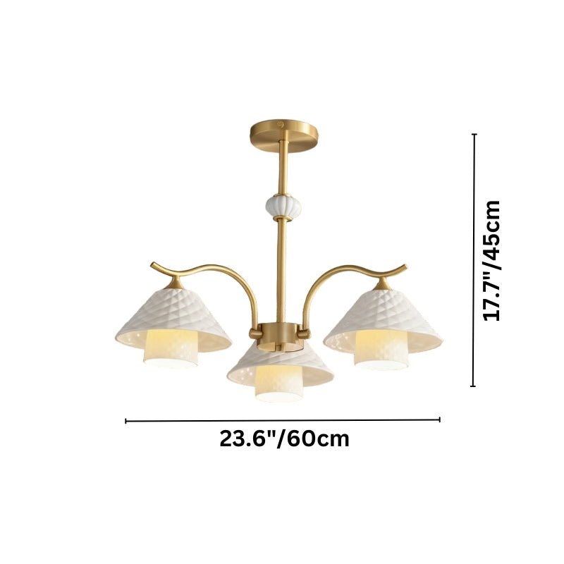 "Dimensions, 23.6 inches wide and 17.7 inches tall, of a modern brass chandelier with three ceramic shades."