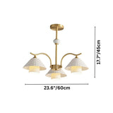 "Dimensions, 23.6 inches wide and 17.7 inches tall, of a modern brass chandelier with three ceramic shades."