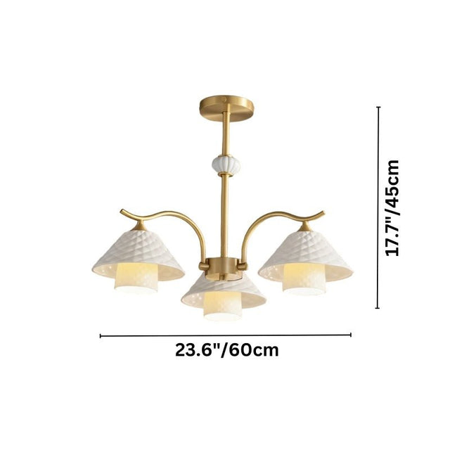 "Dimensions, 23.6 inches wide and 17.7 inches tall, of a modern brass chandelier with three ceramic shades."