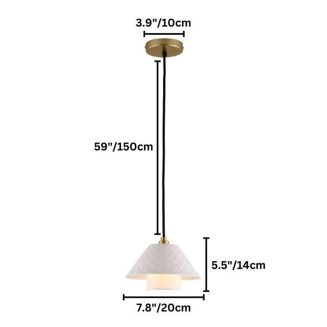 "Dimensions, 7.8 inches wide, 5.5 inches tall, 3.9 inch canopy, and 59 inch cord, of a modern pendant light with a ceramic shade."