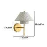 "Dimensions, 10.6 inches tall, 3.9 inches wide, and 7.8 inches deep, of a modern brass wall lamp with a ceramic shade."